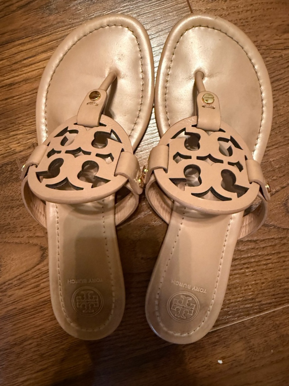 Tory Burch Beige Cutout Miller Thong Sandals with Gold Accents
